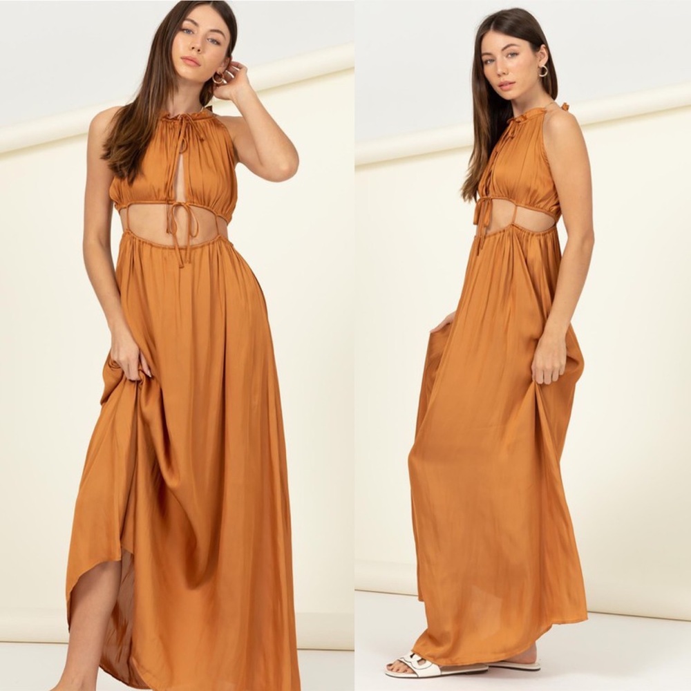 ✨24 HOUR SALE✨ Swept Away Camel Satin Maxi Dress - Picture 2 of 3